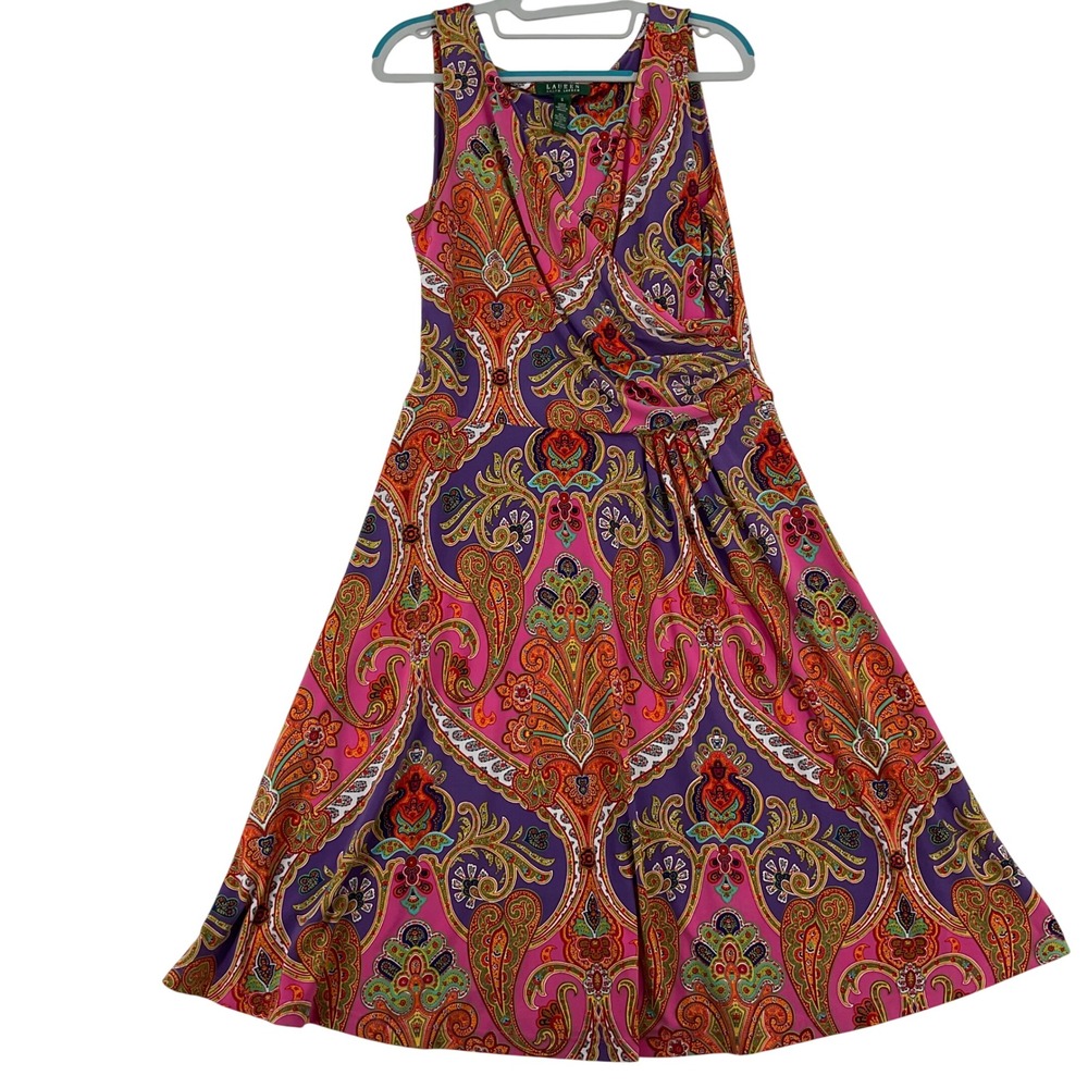Lauren‎ Ralph Lauren Pink Purple Paisley Faux Wrap Dress Sleeveless Small